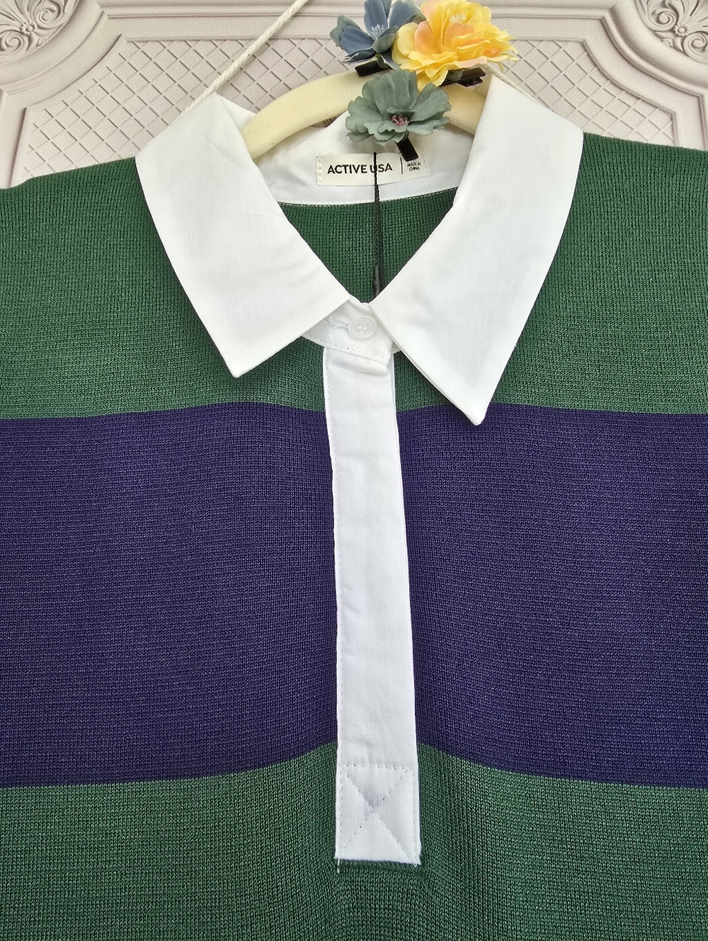​Active USA Striped Knit Polo Midi Dress - Navy & Green Preppy Collared Sheath - Picture 8 of 15